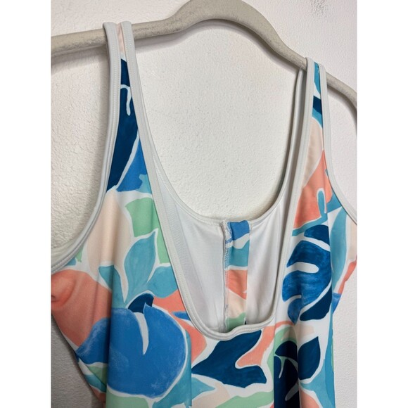 Old Navy Medium Half Zip Floral Swim Suit Blue One Piece High Leg Scoop Back - Picture 7 of 13